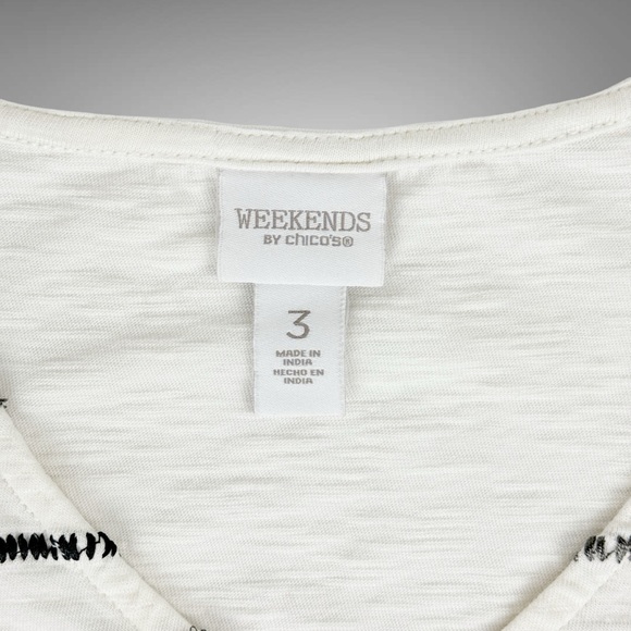 Weekends By Chico's 3 Women's XL Embroidered Tee Off-White Cotton‎ Shirt V-Neck - Picture 8 of 15